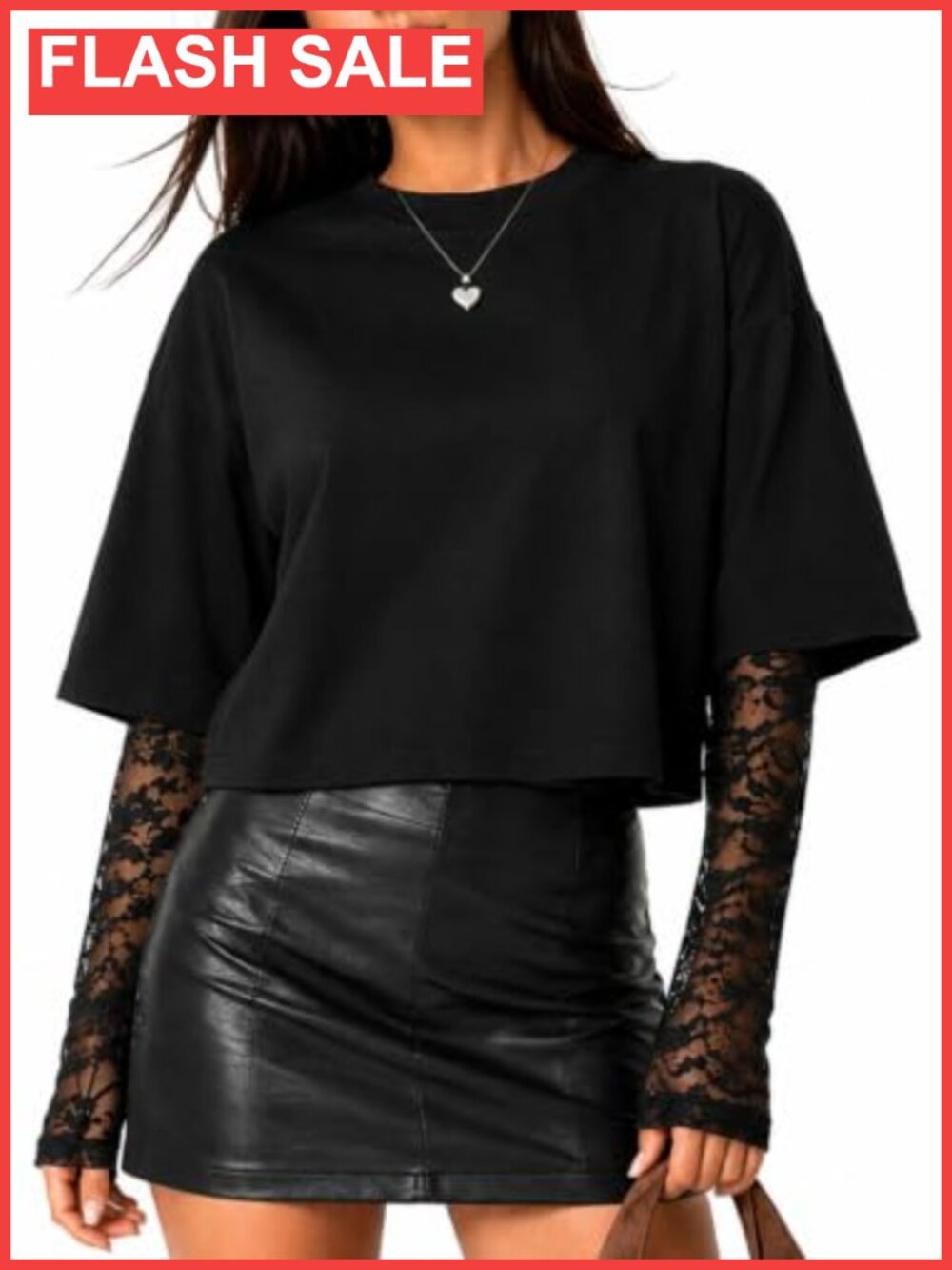 Womens Sheer Lace Patchwork Long Sleeve Crew Neck T Shirt Y2K Goth Top
